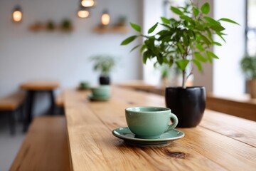 A wooden table with a green cup and a green saucer on it