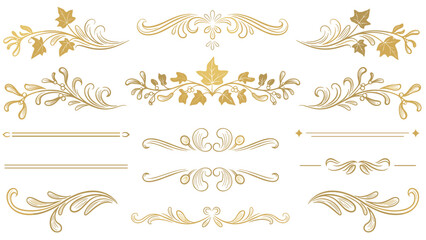 Luxury gold foil Christmas dividers, elegant swirling flourishes, winter wedding invitation borders, mistletoe and ivy leaves, golden gradient texture, calligraphy style lines.