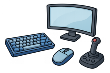 Game room setup presenting display monitor, keyboard, mouse, and joystick for video games and online gaming