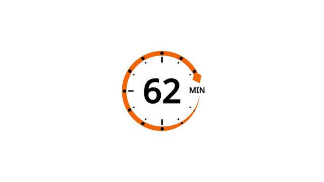 Orange circle timer showing 62 minutes with black markers and arrow on white background clock