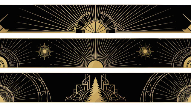Art Deco style Christmas dividers, 1920s geometric aesthetic, gold and black, sharp lines, sunbursts and stylized fir trees, roaring 20s holiday decor, elegant horizontal borders, vector illustration