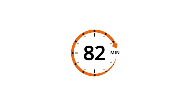 Orange circle timer with number 82 and arrow on white background clock countdown