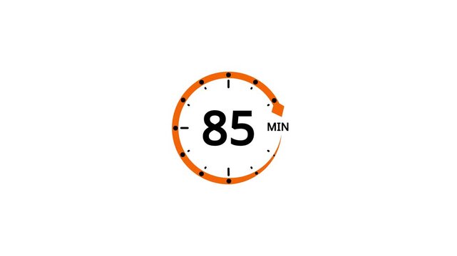 Orange circle timer with black number 85 and M symbol on white background clock countdown