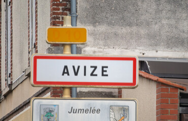 Fototapeta premium Road signes, driving directions on roundabout, street, highway, travel destination in Champagne, touristic route, France