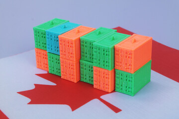 Obraz premium Many cargo containers on Canadian flag. Canadian import and export concept.