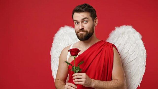 Funny bearded man wearing white angel wings and red sash holding red rose looking at camera with smirk on red background representing playful valentines day cupid and humorous romance