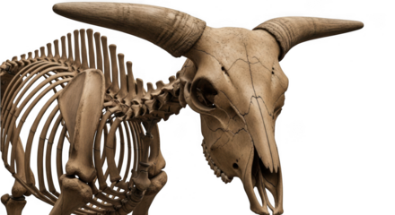 Detailed view of a bovine skeleton with large horns isolated on transparent background