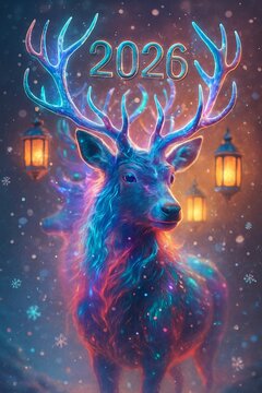 Vibrant Neon Glowing Reindeer with Echo Trails and 2026 Antlers in Magical Winter Fantasy