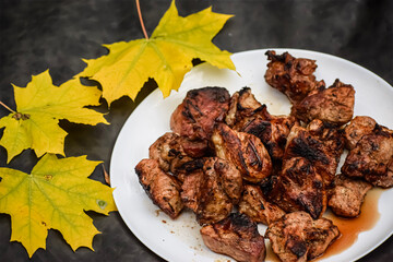 Plate of grilled meat with autumn maple leaves