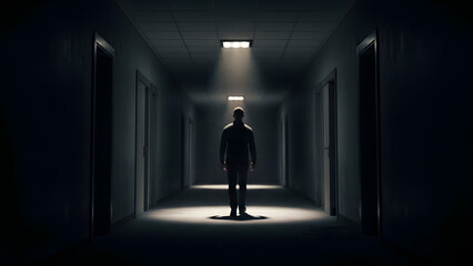 Fototapeta premium A lone figure stands in a dark, eerie corridor under a single overhead light, creating a strong silhouette and long shadows. Ideal for concepts of mystery, fear, solitude, decision, unknown, anxiety, 