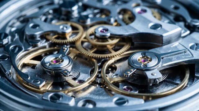 Detailed macro view of a luxury watch's internal mechanism working, with the balance wheel oscillating and gears turning, showcasing the intricate precision and craftsmanship of timekeeping