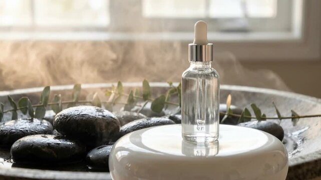 Natural cosmetic serum in a glass dropper bottle sitting on a working aroma diffuser with rising steam, surrounded by eucalyptus leaves and black stones for a relaxing spa and wellness experience