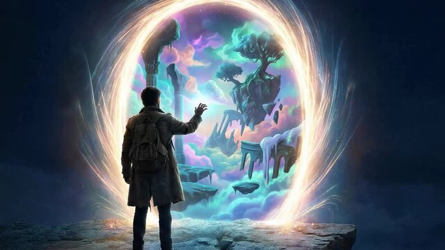 Brave explorer standing on a cliff edge and touching a shimmering magical portal that reveals a fantastical world with floating islands, ancient ruins, and cosmic clouds, ready for a new journey
