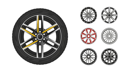 Variety of vector automotive wheels and tires, showcasing different rim designs for vehicles.