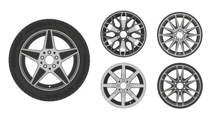 Diverse car wheels and vehicle rims, with a tire, vector illustration for automotive design.