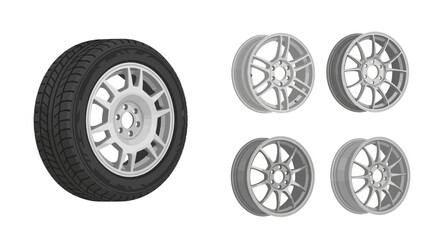 Automotive Wheel and Various Rim Designs Illustration on White Background