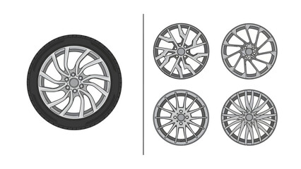 Vector illustrations of diverse car wheels and automotive rims designs, isolated on white background
