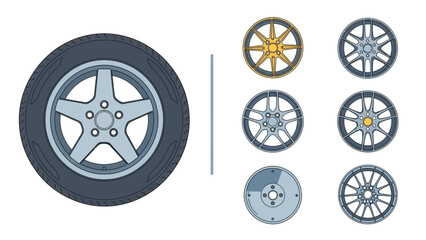 Automotive wheel and rim designs: A collection of vector illustrations showcasing different vehicle part styles