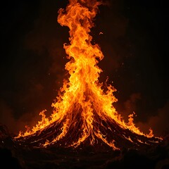 Large bonfire burning with intense orange flames at night.
