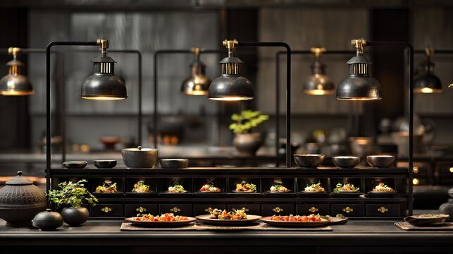 A kitchen with a variety of dishes on a counter