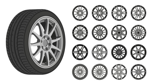 Detailed illustration of a modern car wheel with tire and a varied collection of automotive rim designs