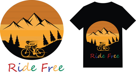 Cyclist in mountains vintage sunset design