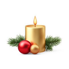 A lit gold candle with a red and gold bauble, surrounded by green pine branches on a png transparent