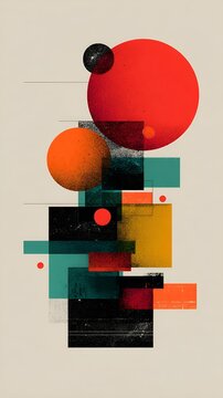 Minimalist abstract artwork of a vertical composition of overlapping geometric shapes of circles, squares and rectangles. Vibrant colourful creative background design or phone wallpaper 