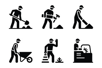 Construction worker icons set for industrial maintenance and labor