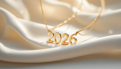 A luxurious gold necklace with a gold plaque of the year 2026 on a soft, milky shiny satin evokes elegance and celebration. Ideal for gifts, fashion, giveaways and New Year's Eve campaigns.