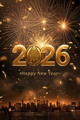 New Year 2026 Luxury Gold Metallic Numbers Fireworks