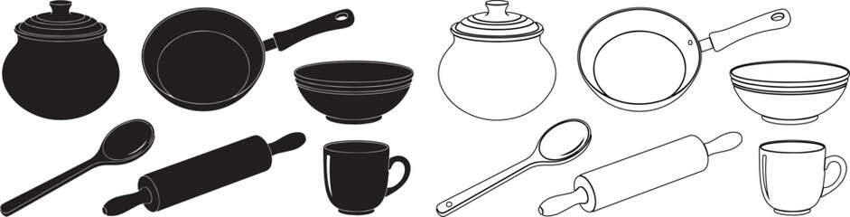 Kitchen cooking utensils and baking tools collection in black filled and outline illustration styles. isolated PNG with Transparent Background