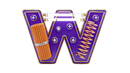 3D Letter W with Mechanical Elements on White