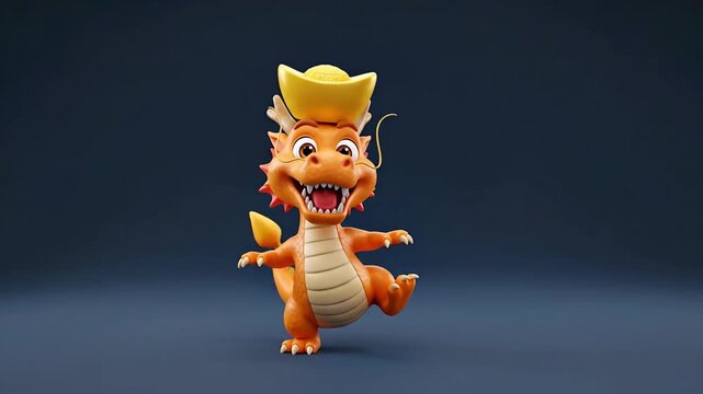 A vibrant orange cartoon dragon mascot balancing a golden chinese ingot on its head while dancing joyfully, isolated in a high-quality 3d render against a dark blue studio background.