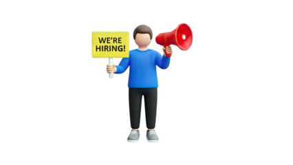 3D Man Announcing Hiring with Megaphone and Sign