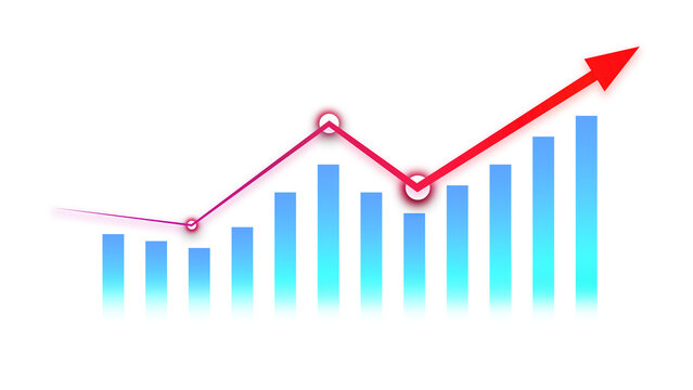 Vertical bar graph symbol and gig-zag arrow. Concept of bussiness interest rate and tax calculation and may other. Investment growth and profit. Isolated on transparent background