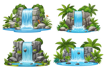 Set waterfall vector illustration, tropical jungle water cascade, cartoon game nature river fall clipart. Grey stone cliff, small summer lake splash, green exotic foliage, rocks. Paradise waterfall