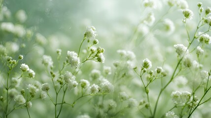 Fototapeta premium Dreamy baby's breath flowers. Many beautiful small white flowers on green nature background for wallpaper 