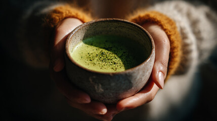 hands holding warm cup of matcha with soft natural lighting