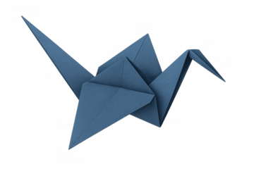 Blue origami paper crane symbol of peace and hope, an ancient japanese folk art craft on transparent background