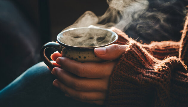 A close-up of hands holding a warm, steaming ceramic mug of tea, wearing a thick knit sweater, emphasizing the tactile comfort of a quiet winter morning.