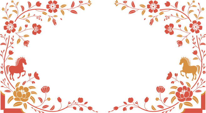 decorative frame with floral elements and horse silhouettes in red and yellow warm tones intricate vine pattern for invitations or cards elegant asian inspired design - Powered by Adobe