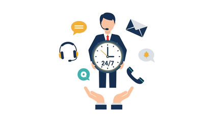 Customer service concept with clock and support elements in flat design