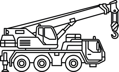 Mobile crane truck illustration, construction vehicle drawing, heavy lifting machinery, black and white line art, boom arm transport graphic © Sohel