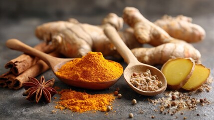 Ginger and turmeric spices on a dark surface.