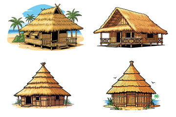 Bungalow hut, straw vector African thatched nipa house, village bamboo beach tent building roof. Poor people shack, Hawaii summer tropical camp construction. Cartoon traditional bungalow hut clipart