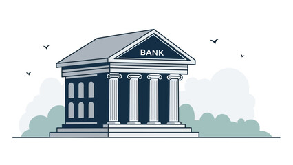 Classic bank building with columns and birds in minimalist style