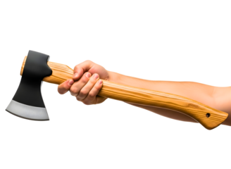 A persons hand gripping a wooden handled axe with a black head isolated on transparent background
