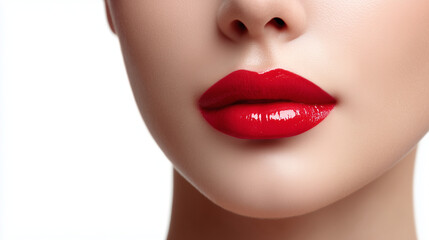 Fototapeta premium Glossy red lips close-up with smooth skin texture on clean white background, elegant beauty and makeup concept showing sensual lipstick shine, minimal aesthetic for cosmetics advertising, branding