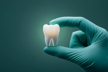 Single white tooth held between gloved fingers on blue background, dental care and oral health concept for dentistry clinics, medical presentations, healthcare advertising, education banners and clean